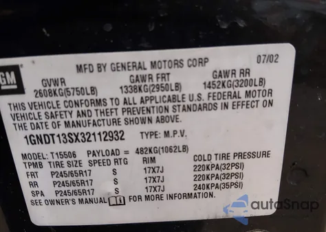 2003 Chevrolet Trailblazer Ltz z USA, uszkodzony, nr VIN 1GNDT13SX32112932